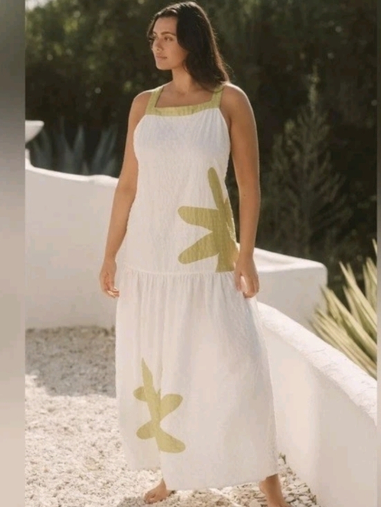 Anthropologie Celandine Drop Waist Midi Dress White Green Print NWT XL - Picture 5 of 5